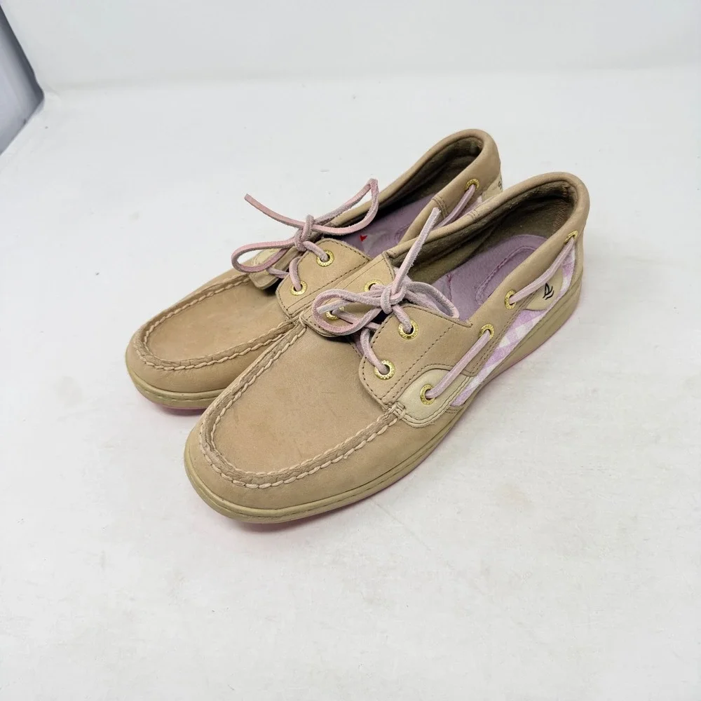 Sperry‎ Bluefish Top Sider Boat Shoes Pink Gingham Tan Leather Lace Up Size 7.5M